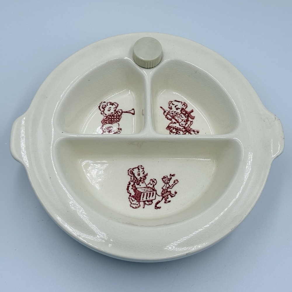 Vintage Baby Warming Dish Bowl Ceramic Pink Bears 1940s With Cork Plug